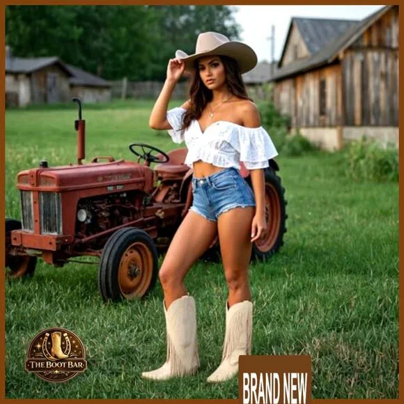 Women's Western Boots Pointed Toe Chunky Heel Pull On Mid Calf Fringe - Picture 3 of 7